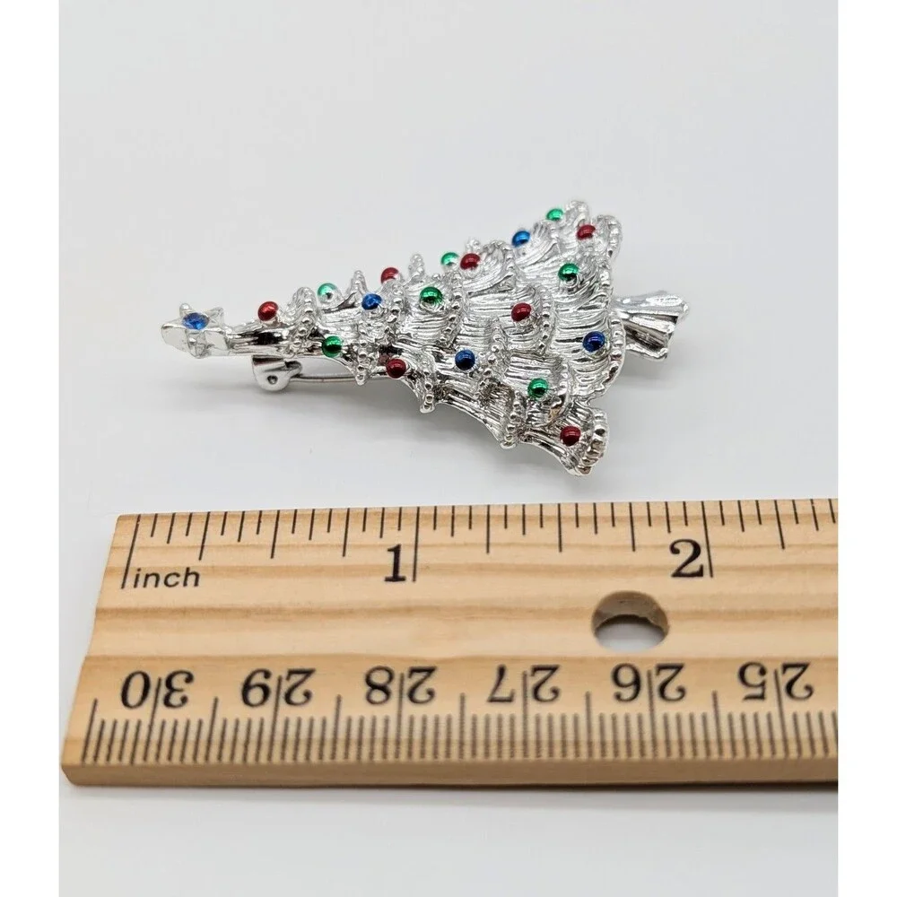 Gerry's Christmas Tree Brooch Pin Rhinestone Silver Tone Enamel Holiday